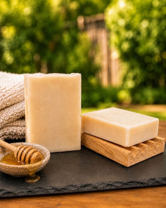 Tallow and Honey Soap bars with honey dipper on slate board, green garden background